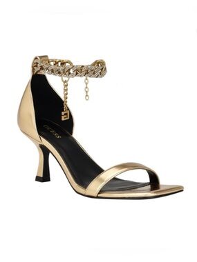 Guess Women's Remo Open Toe Kitten Heel Chain Sandals Gold 9.5